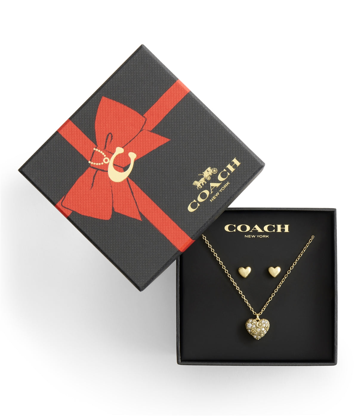 Coach Gold Heart Crystal Boxed Stud and Necklace Set
