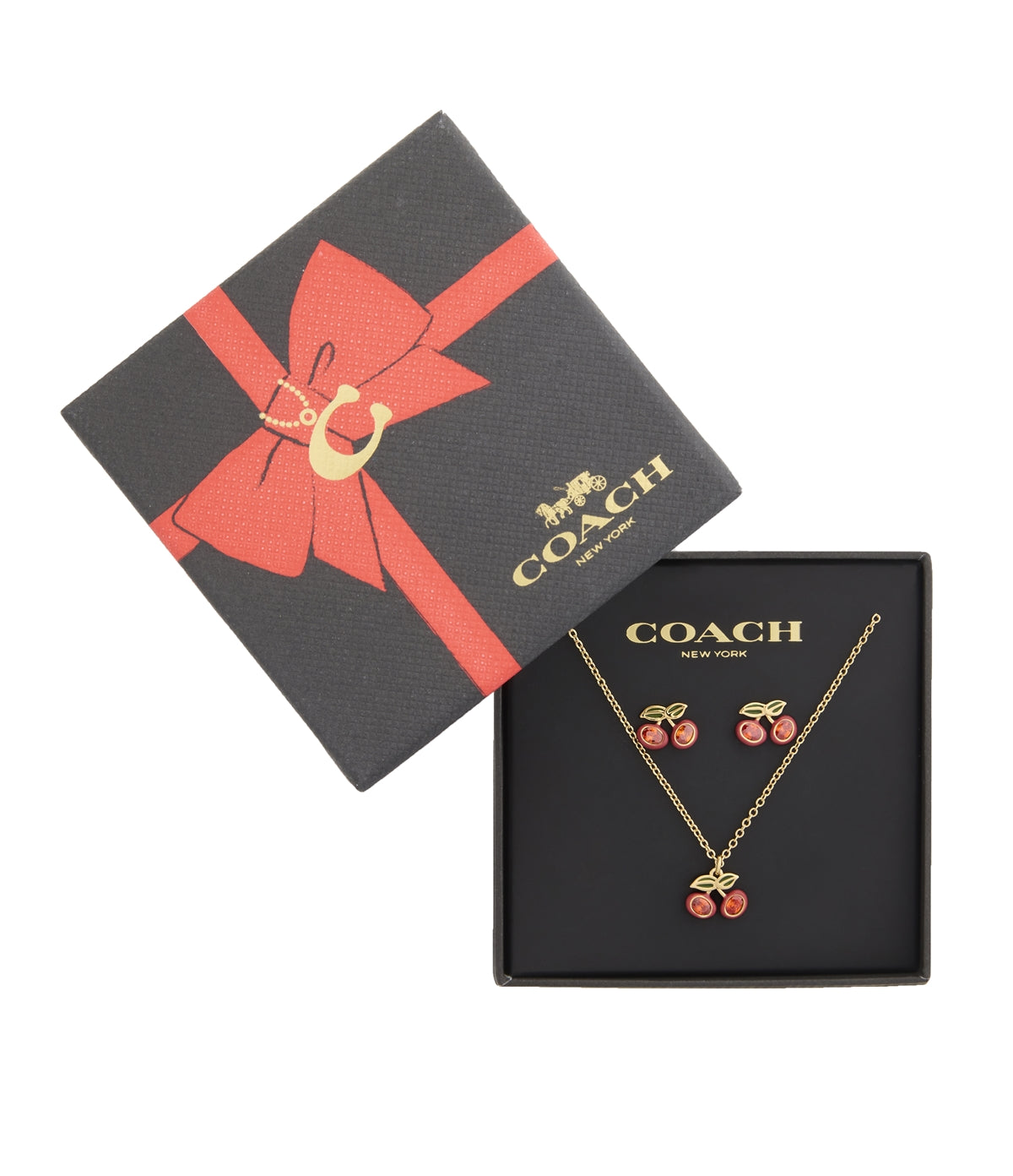 Coach Gold Red Cherry Boxed Stud and Necklace Set