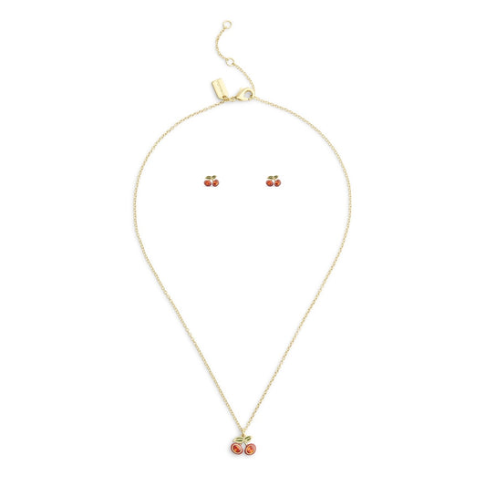 Coach Gold Red Cherry Boxed Stud and Necklace Set