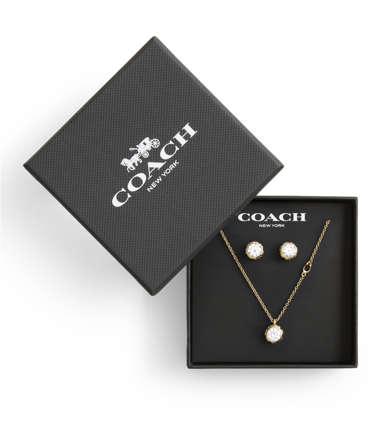 Coach Gold Round CZ Boxed Stud and Necklace Set