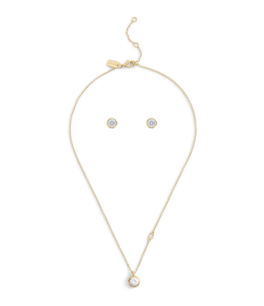 Coach Gold Round CZ Boxed Stud and Necklace Set