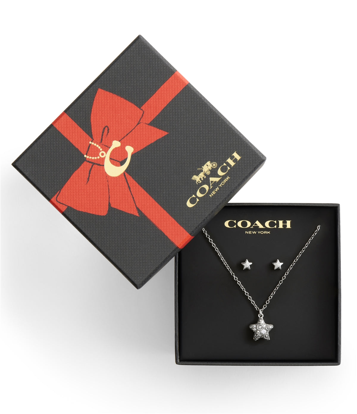 Coach Silver Star Crystal Boxed Studs and Necklace Set
