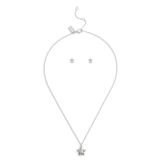 Coach Silver Star Crystal Boxed Studs and Necklace Set