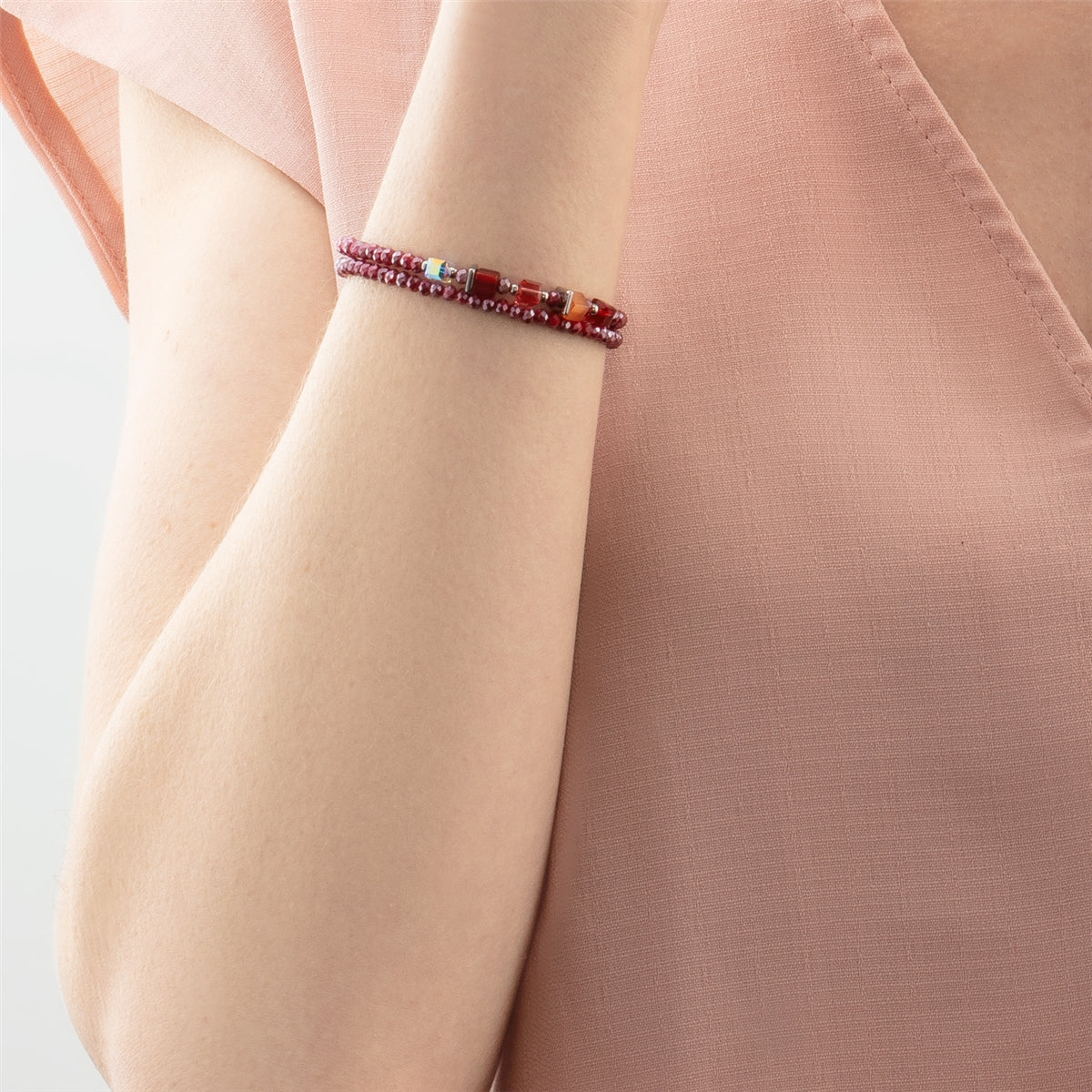 Coeur De Lion Silver Joyful Colours Red Cubes Wrap Bracelet