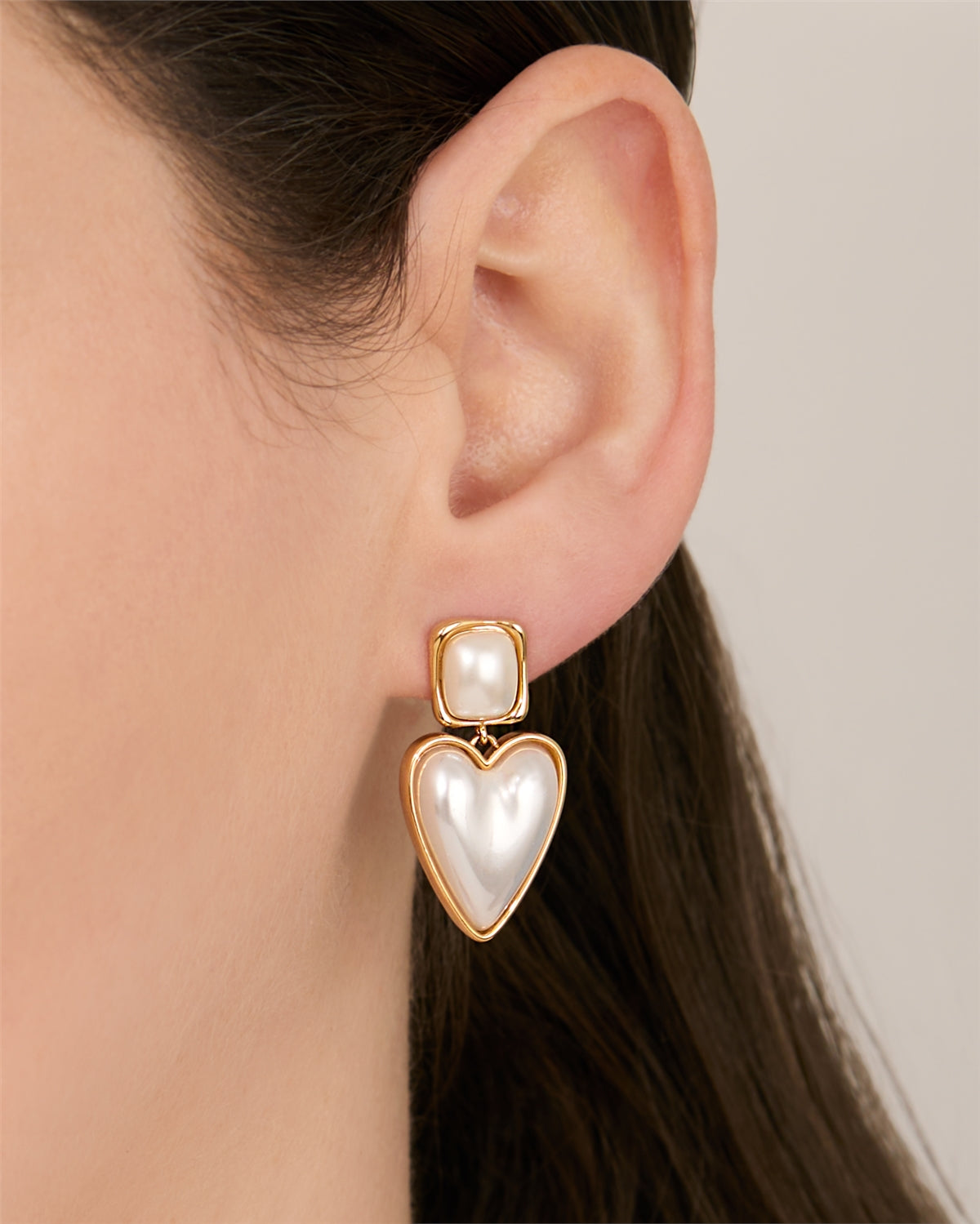 August Woods Gold Double Drop Pearl Heart Earrings