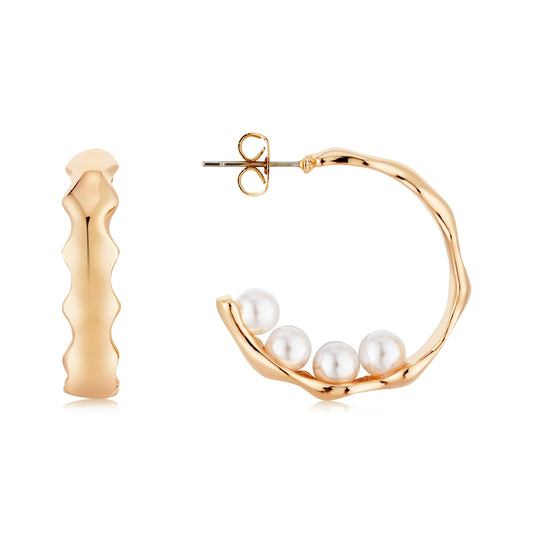 August Woods Gold Texture Pearl Hoop Earrings