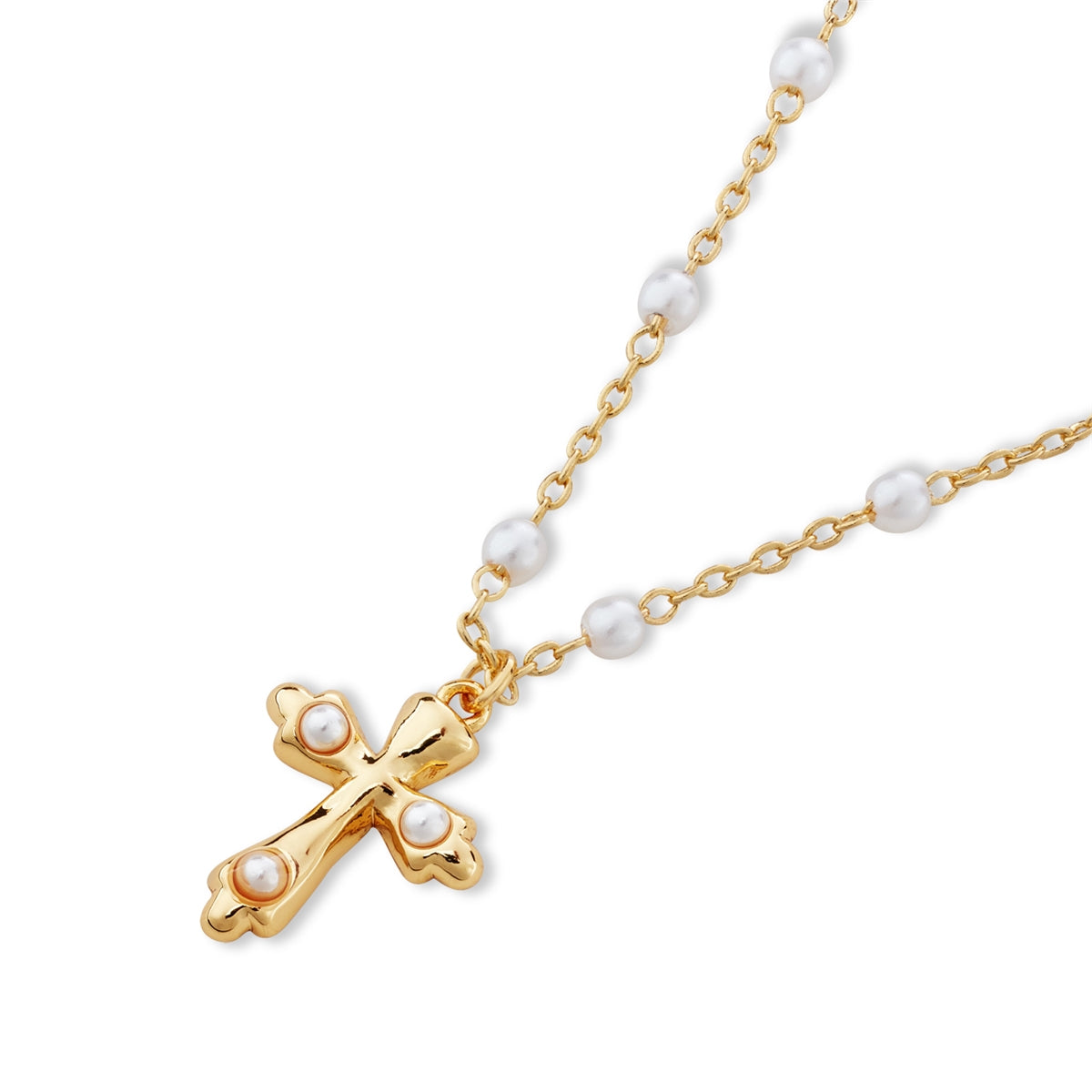 August Woods Gold Vintage Pearl Chain Cross Necklace