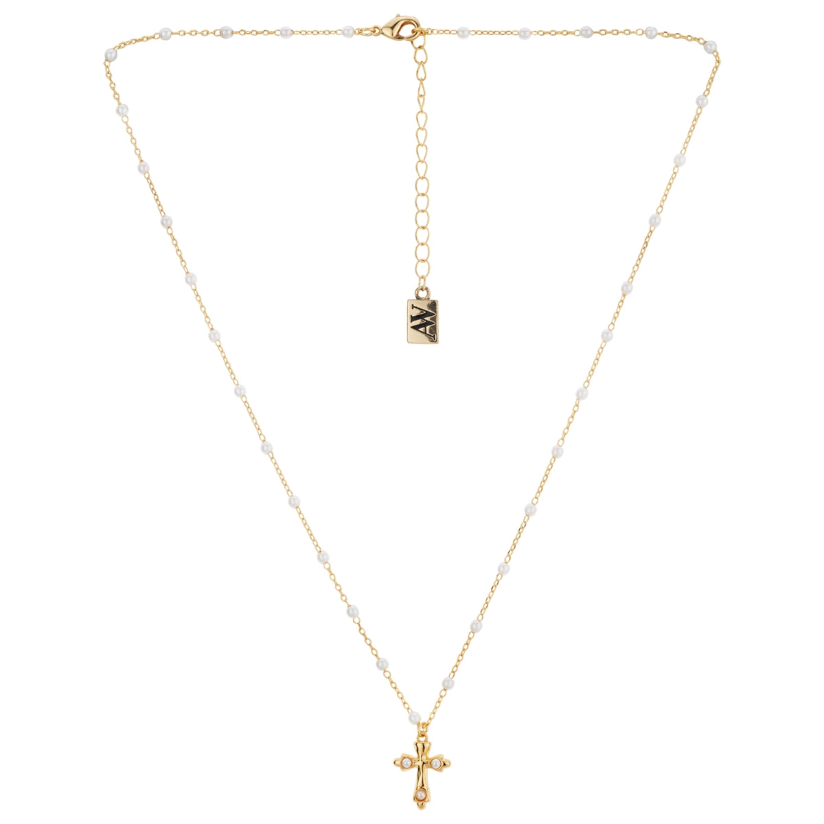 August Woods Gold Vintage Pearl Chain Cross Necklace