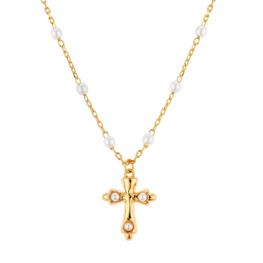 August Woods Gold Vintage Pearl Chain Cross Necklace