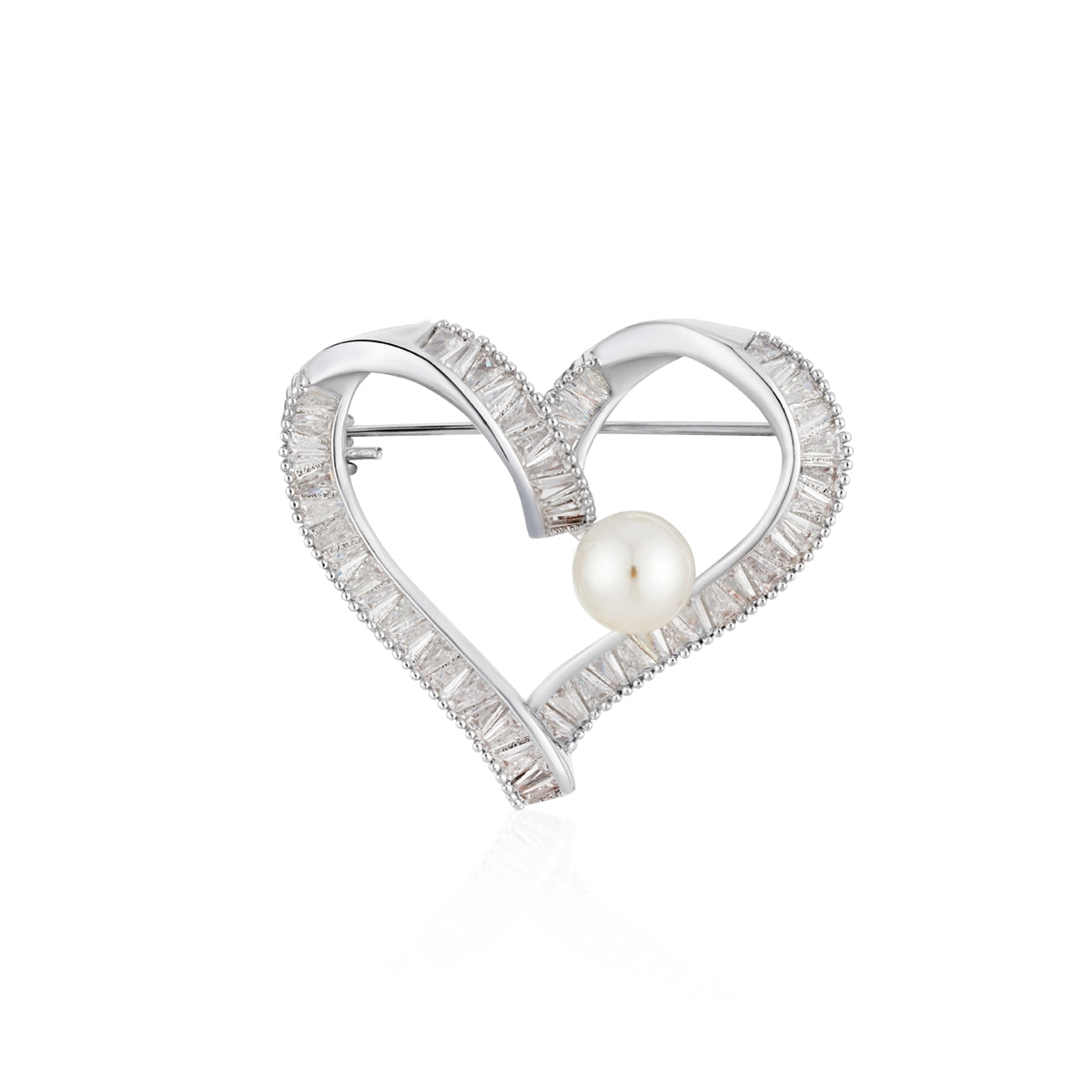 August Woods Silver CZ Heart Pearl Brooch