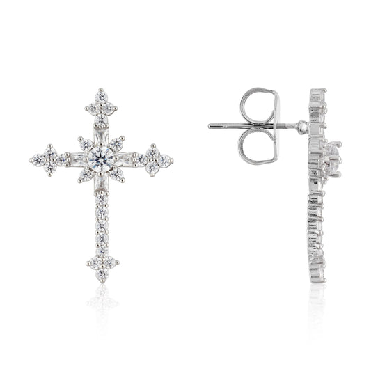 August Woods Silver Fleury CZ Cross Earrings