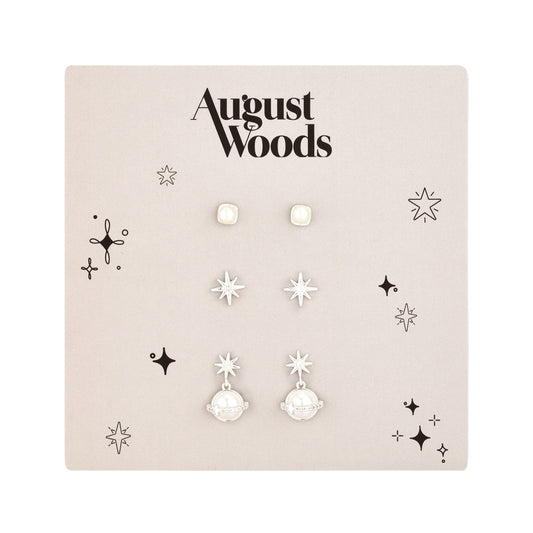 August Woods Silver Pearl 3 Stud Earring Pack