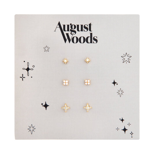 August Woods Gold Pearl Star Earrings 3 Pack Card