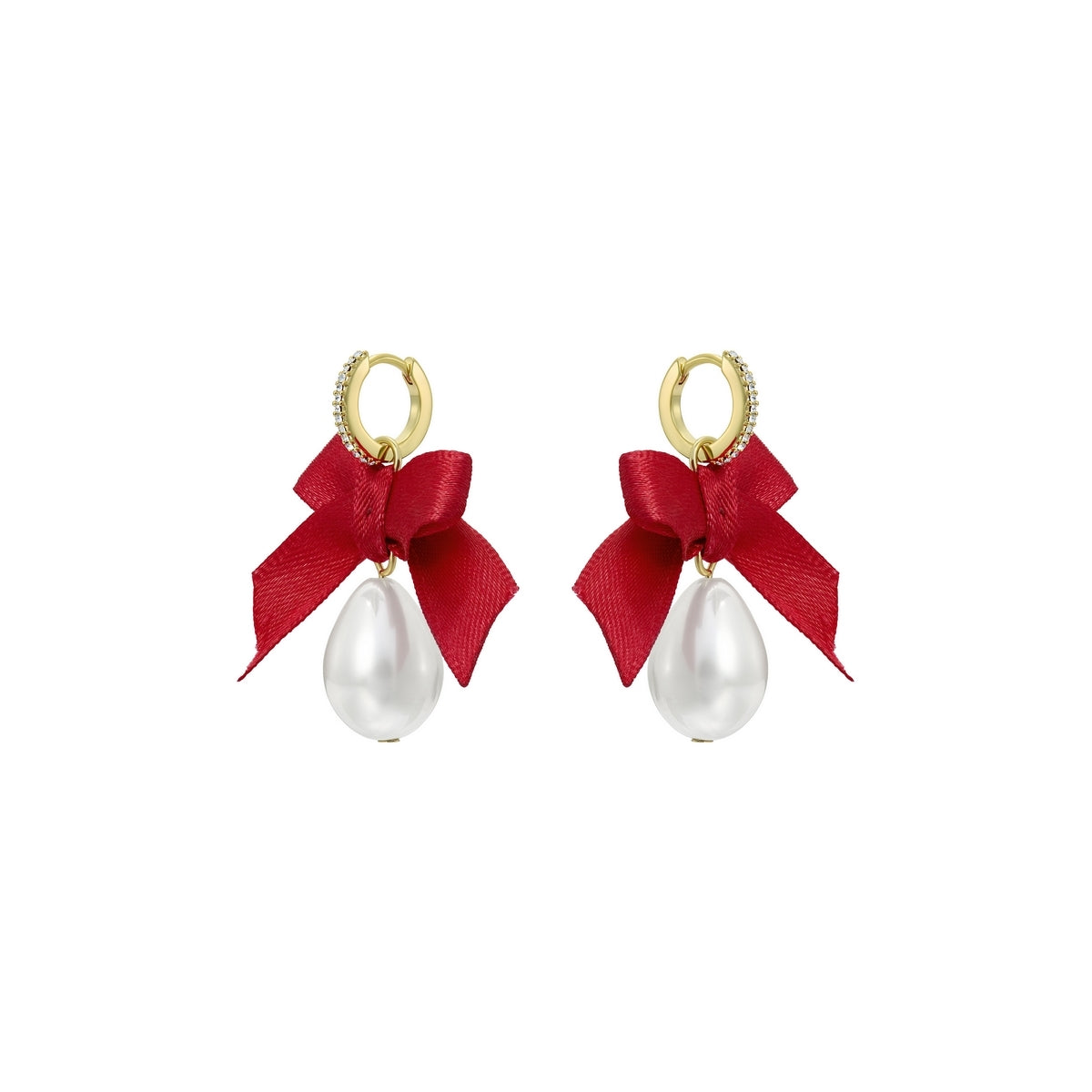 Ted Baker Gold Riyya Ribbon Red Bow Pearl Huggies