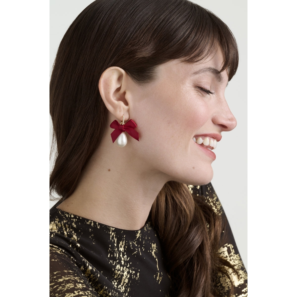Ted Baker Gold Riyya Ribbon Red Bow Pearl Huggies