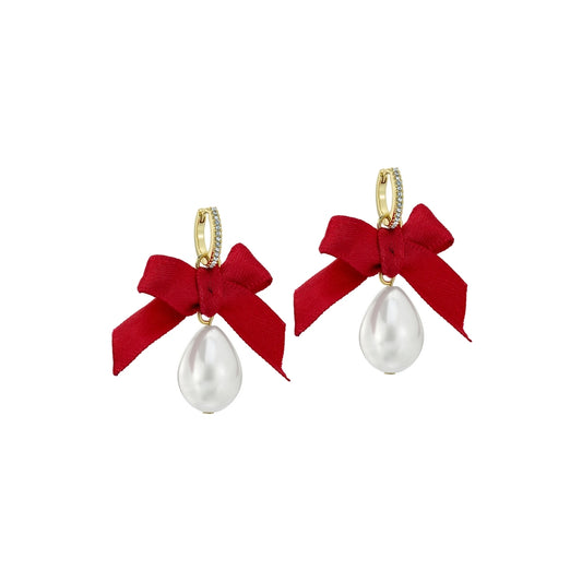 Ted Baker Gold Riyya Ribbon Red Bow Pearl Huggies