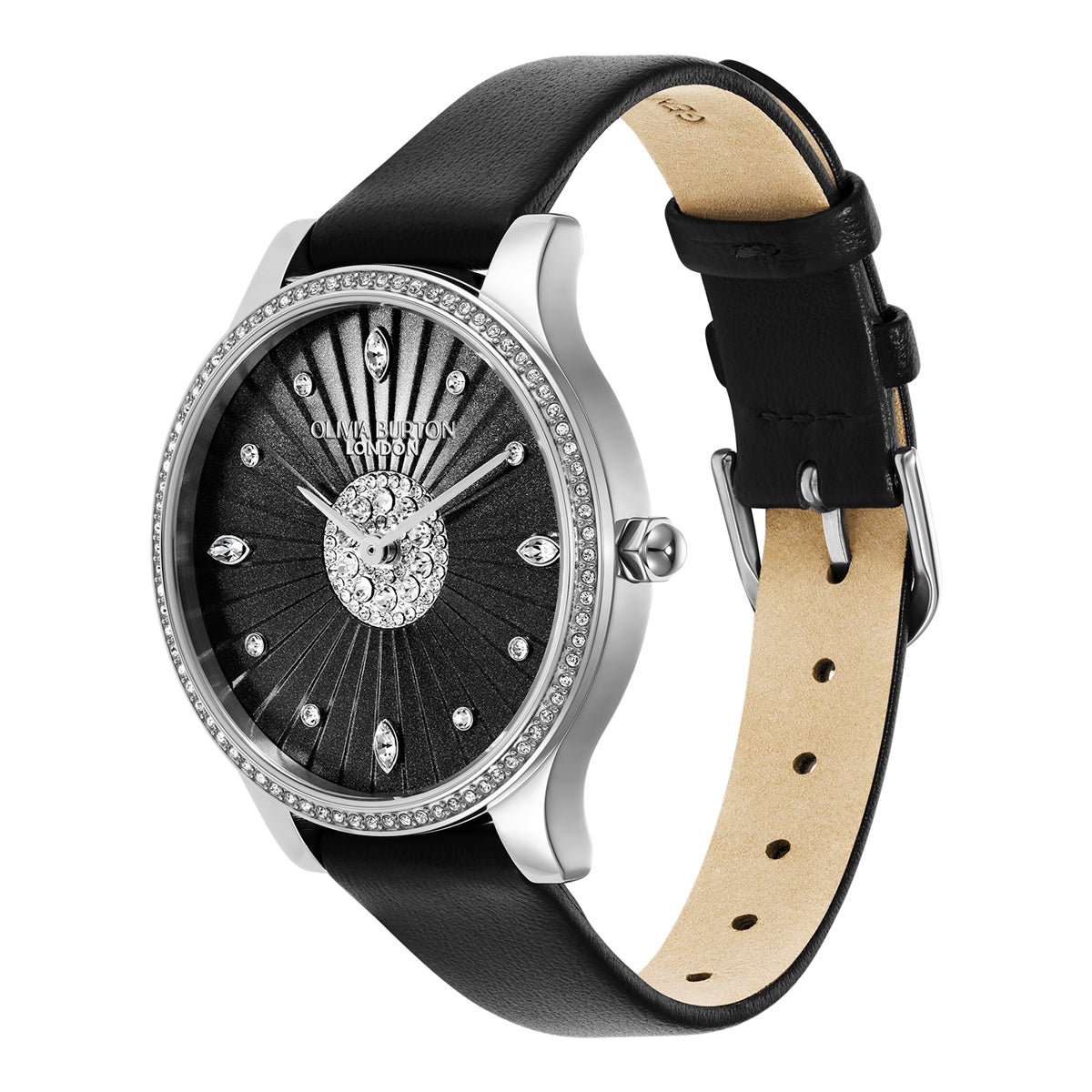 Olivia Burton Silver Beaulieu Black Leather Watch