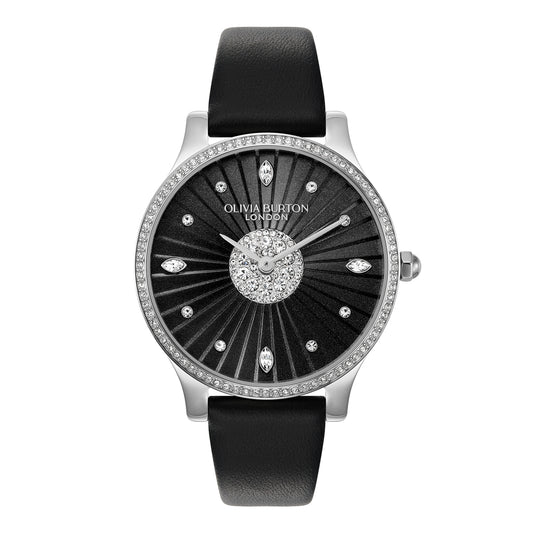 Olivia Burton Silver Beaulieu Black Leather Watch