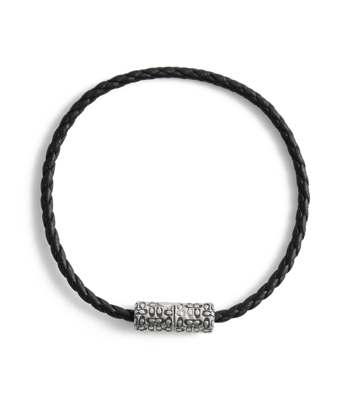 Coach Silver Men Black Leather Quilted C Bracelet