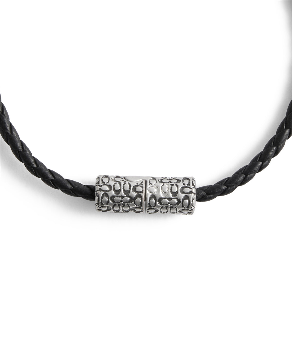 Coach Silver Men Black Leather Quilted C Bracelet