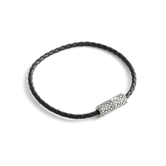 Coach Silver Men Black Leather Quilted C Bracelet
