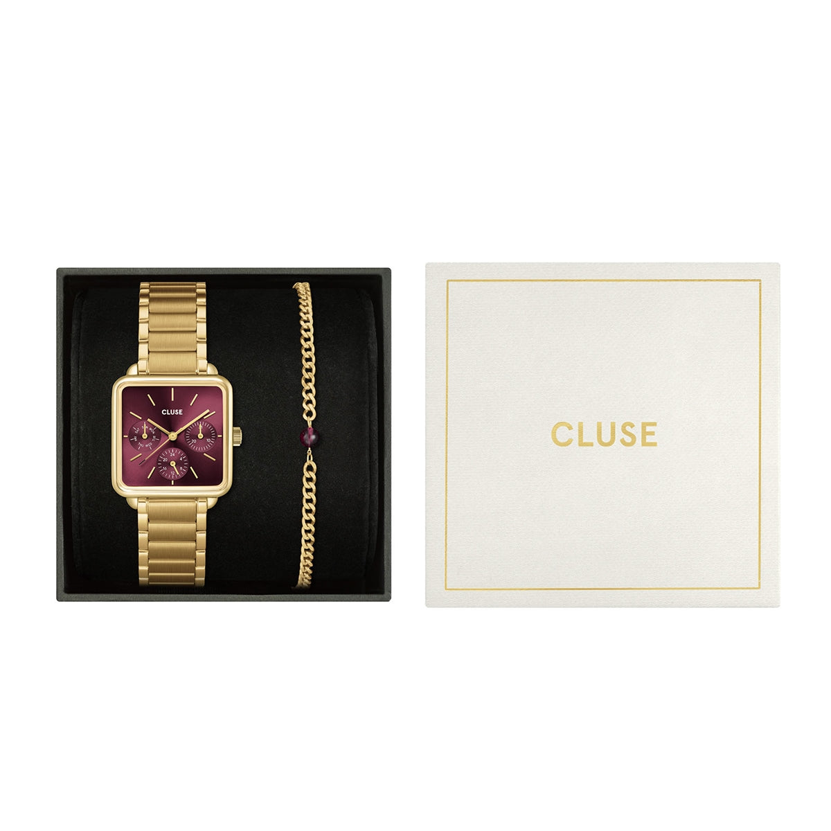 CLUSE Gold Tetragone Multi Dial Cherry Bracelet Gift Box