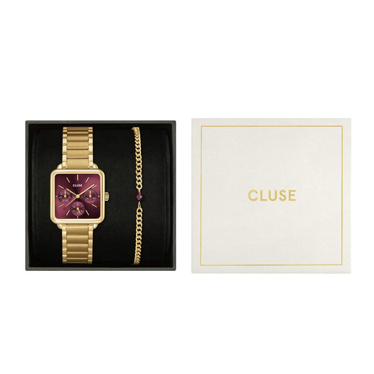 CLUSE Gold Tetragone Multi Dial Cherry Bracelet Gift Box