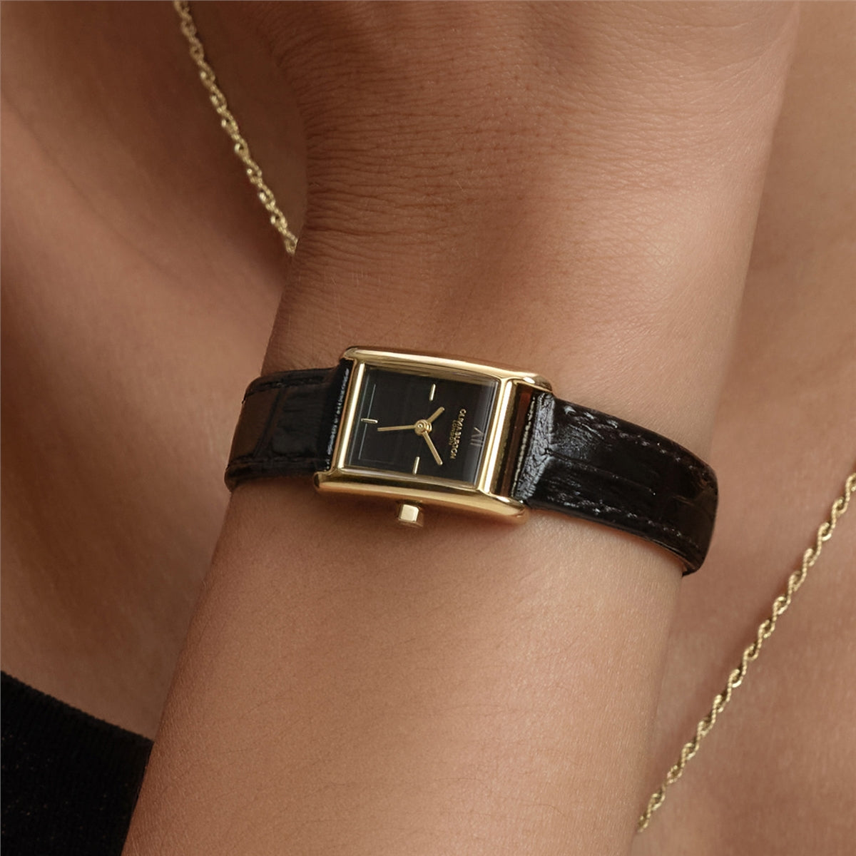 Olivia Burton Gold Mini Grove Black Leather Watch