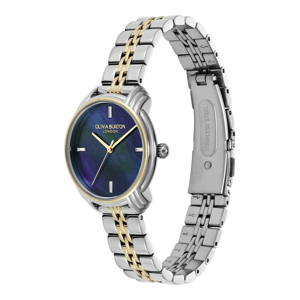 Olivia Burton Silver Two Tone Art Deco 2.0 Blue Dial Watch