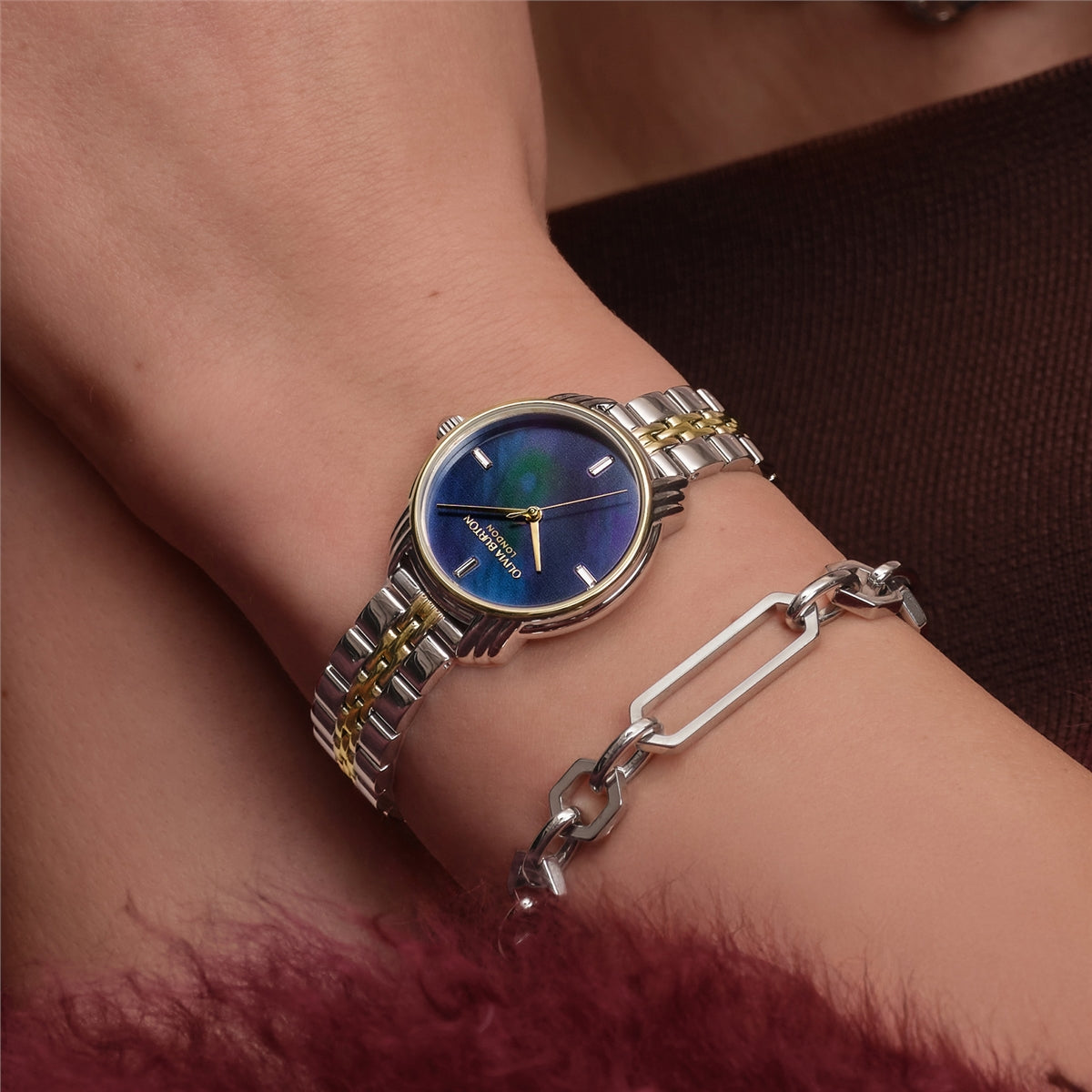 Olivia Burton Silver Two Tone Art Deco 2.0 Blue Dial Watch