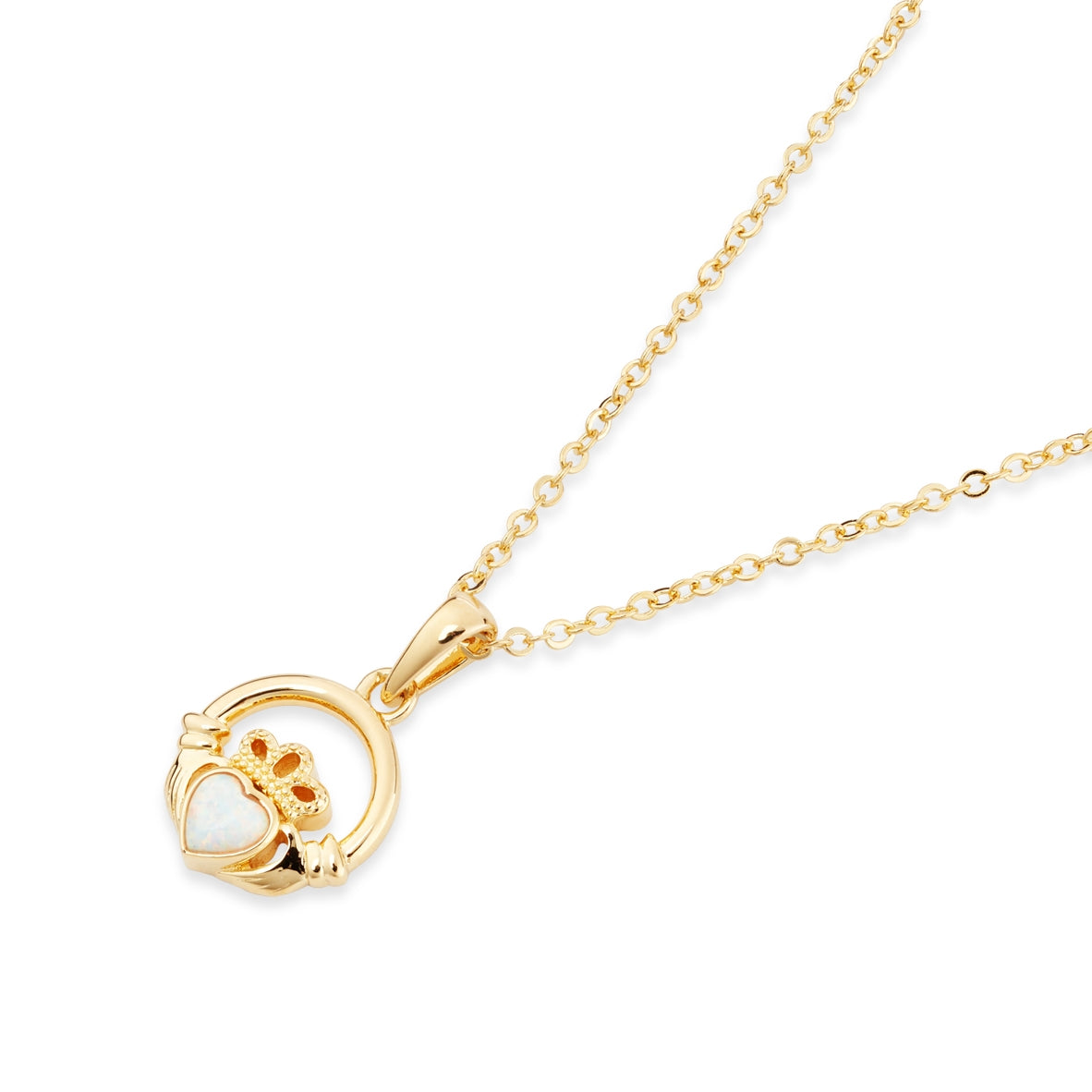Argento Gold October Opal CZ Claddagh Necklace