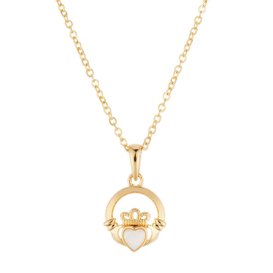 Argento Gold October Opal CZ Claddagh Necklace