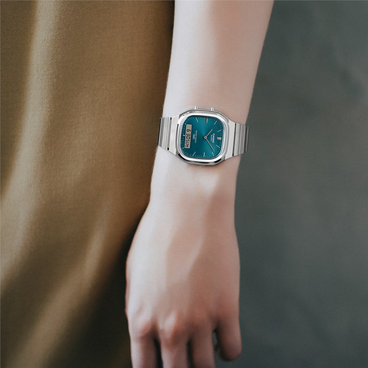 Casio Silver Vintage Dual-Display Turquoise Dial Watch
