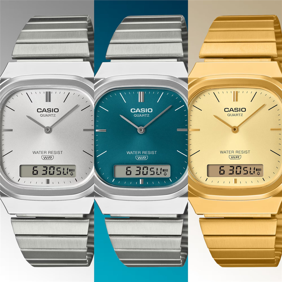 Casio Silver Vintage Dual-Display Turquoise Dial Watch