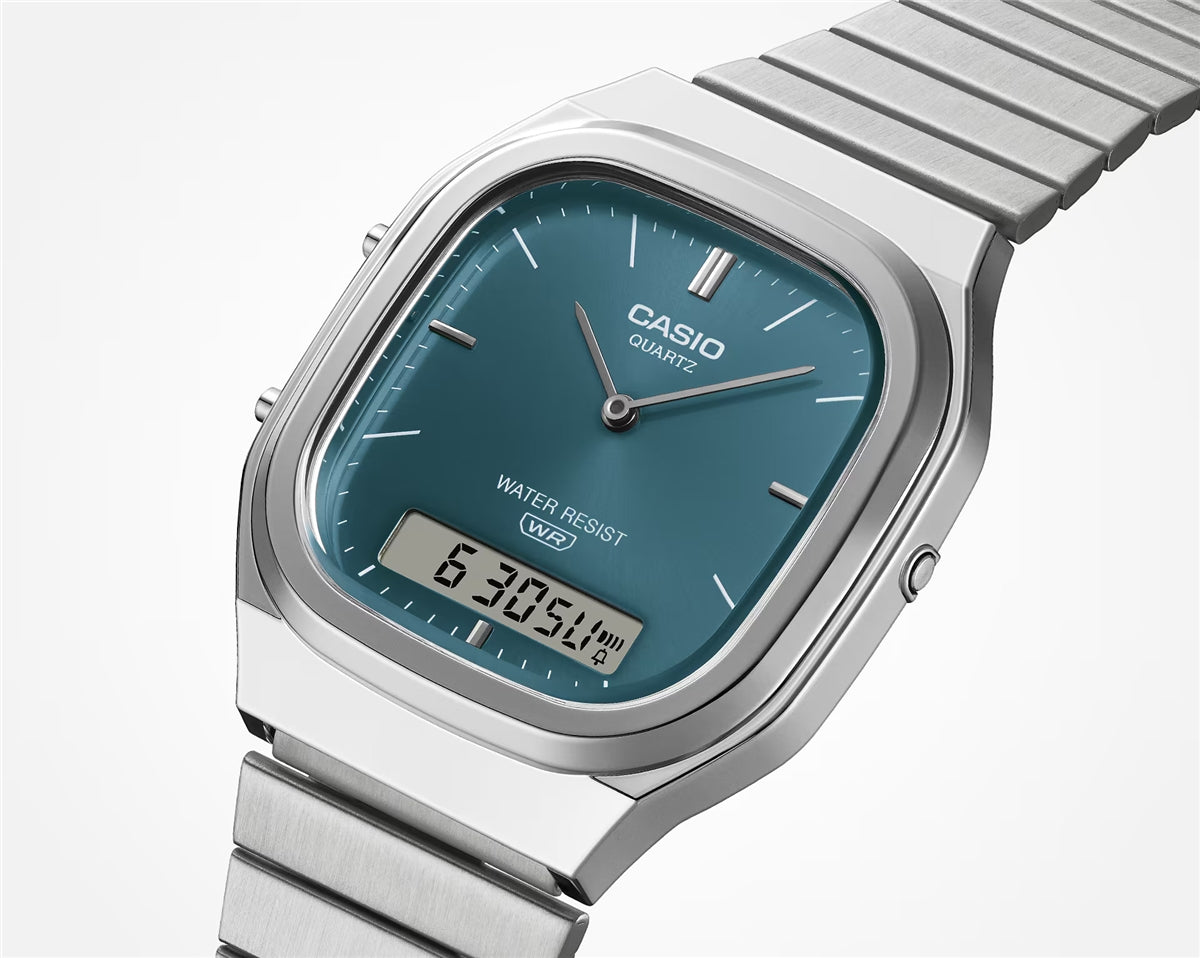 Casio Silver Vintage Dual-Display Turquoise Dial Watch