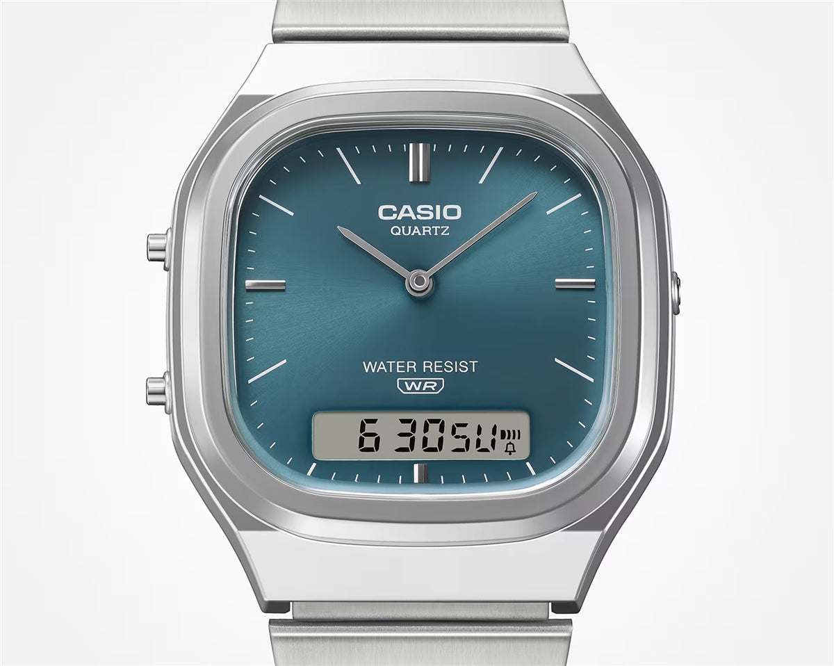 Casio Silver Vintage Dual-Display Turquoise Dial Watch