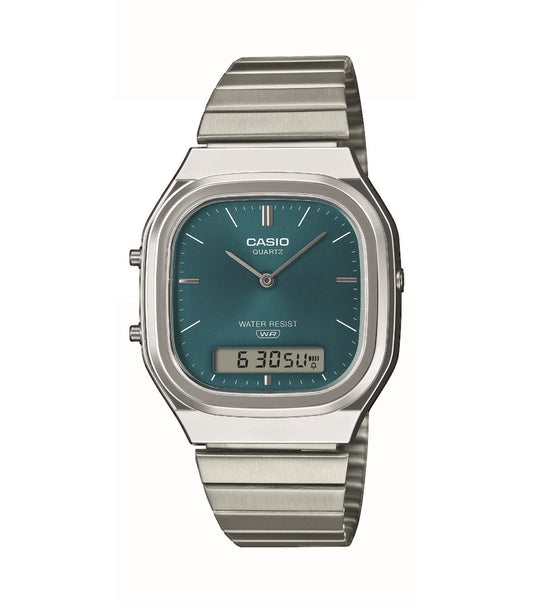 Casio Silver Vintage Dual-Display Turquoise Dial Watch