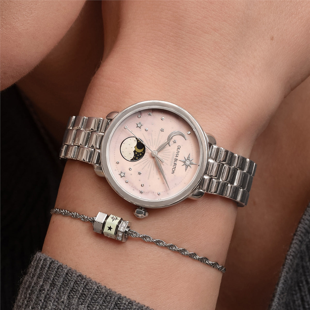 Olivia Burton Silver Moonphase Pink Dial Watch
