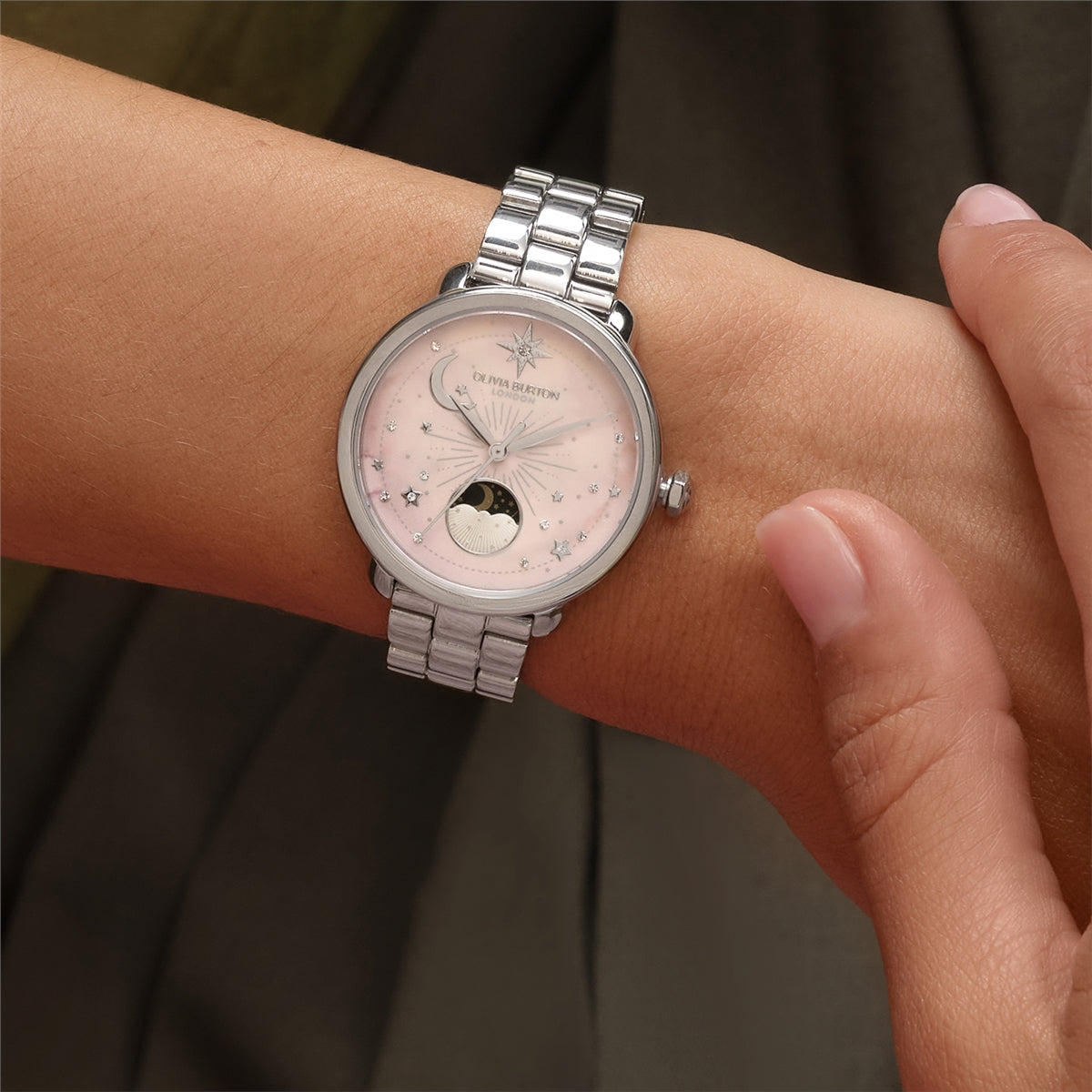 Olivia Burton Silver Moonphase Pink Dial Watch