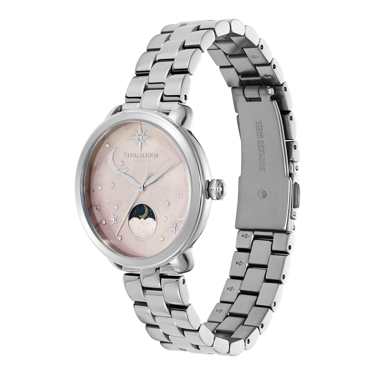 Olivia Burton Silver Moonphase Pink Dial Watch
