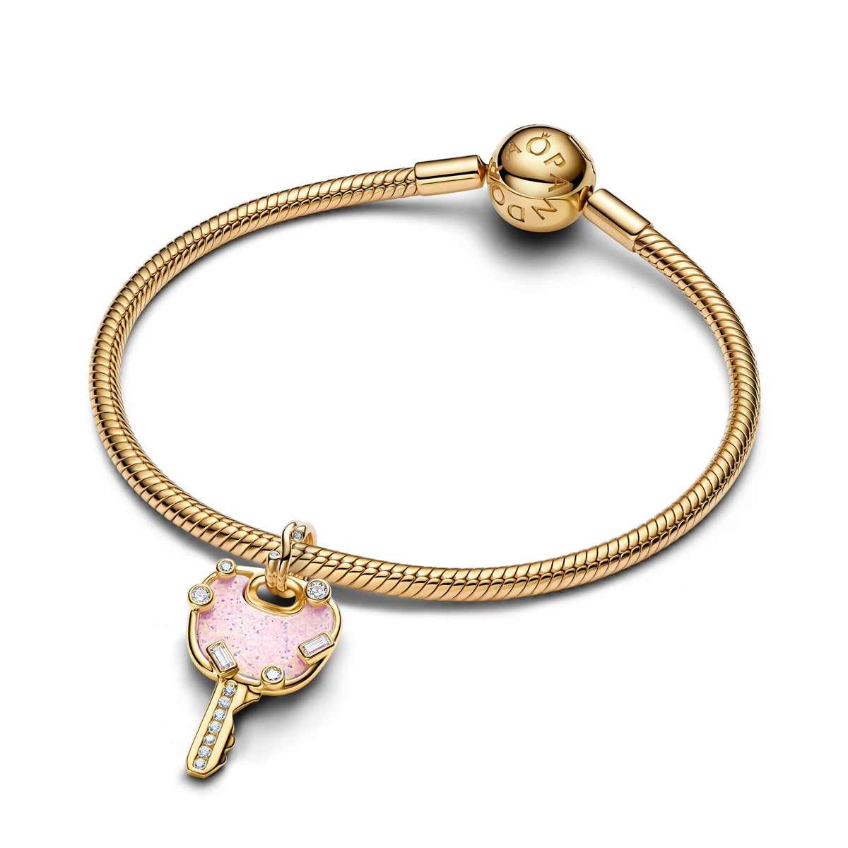 Pandora Gold Opalescent Pink Love Key Large Dangle Charm
