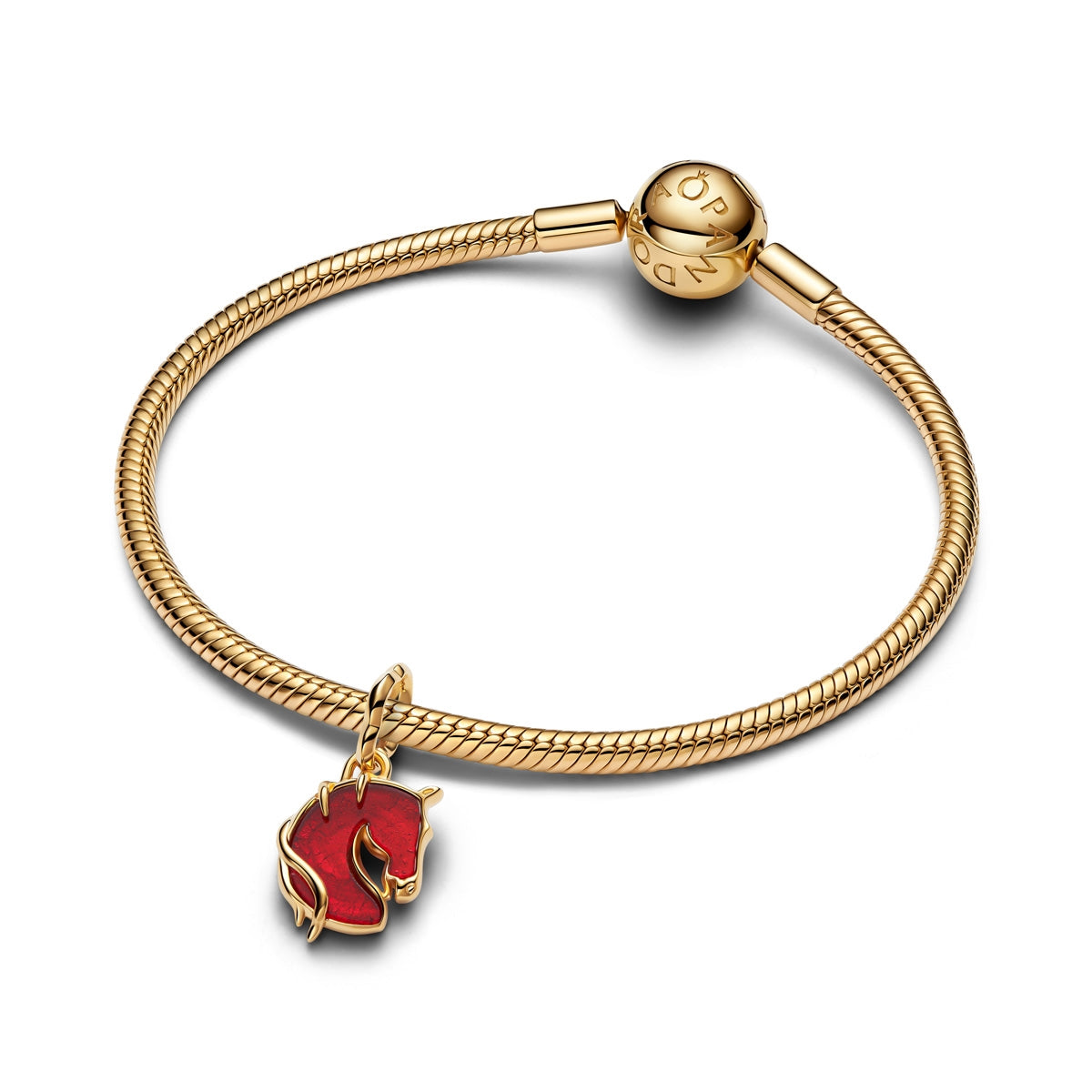 Pandora Gold Red Fire Horse Murano Glass Dangle Charm