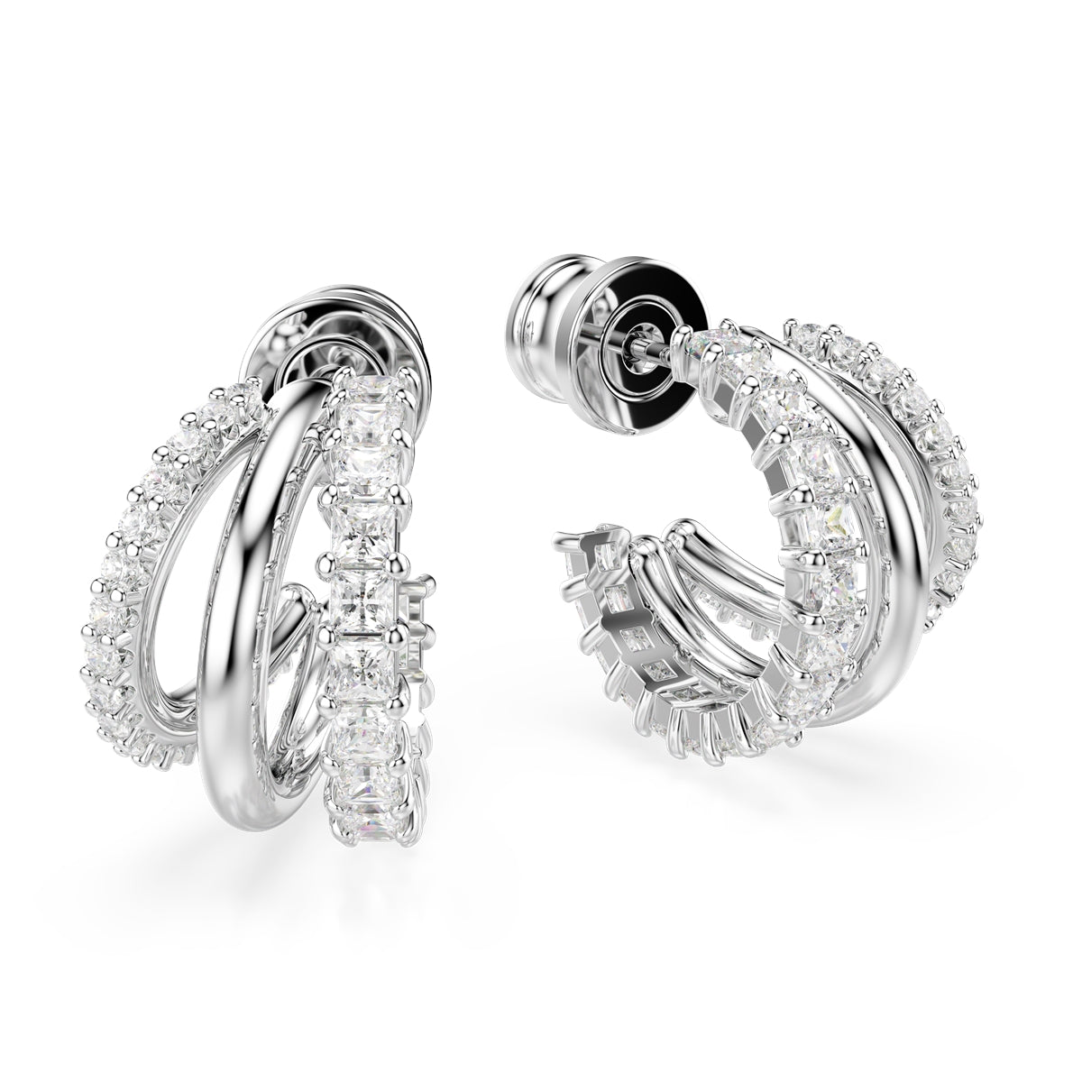 Swarovski Rhodium Plated Hyperbola Round Cut Double Hoop Earrings
