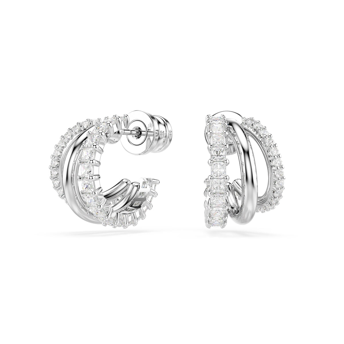 Swarovski Rhodium Plated Hyperbola Round Cut Double Hoop Earrings
