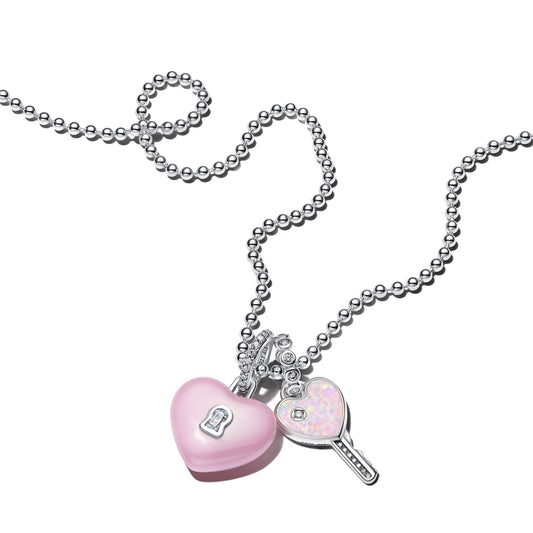 Silver Heart Key & Padlock Necklace Set