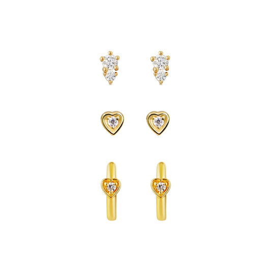 Argento Gold White CZ Heart Earring Set