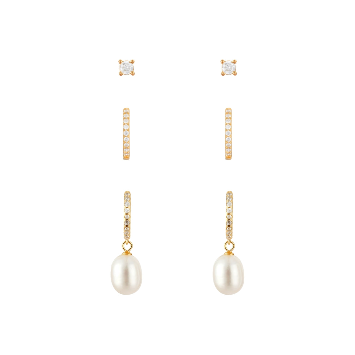 Argento Gold CZ Hoop Pearl Earring Stack
