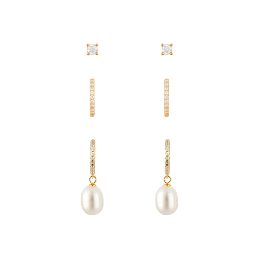 Argento Gold CZ Hoop Pearl Earring Stack