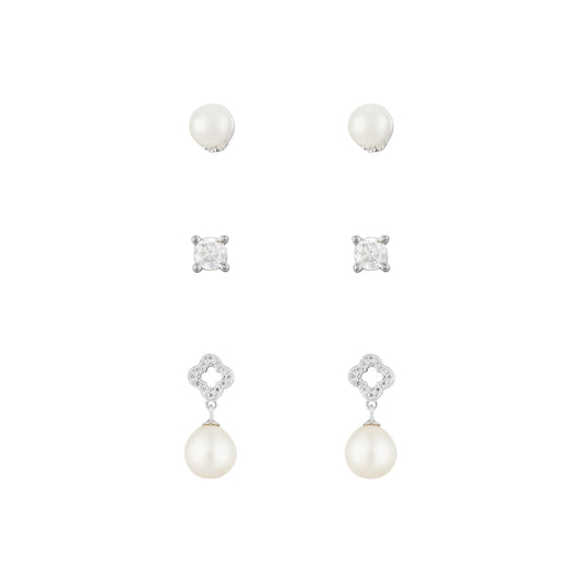 Argento Silver Drop Pearl Earring Stack