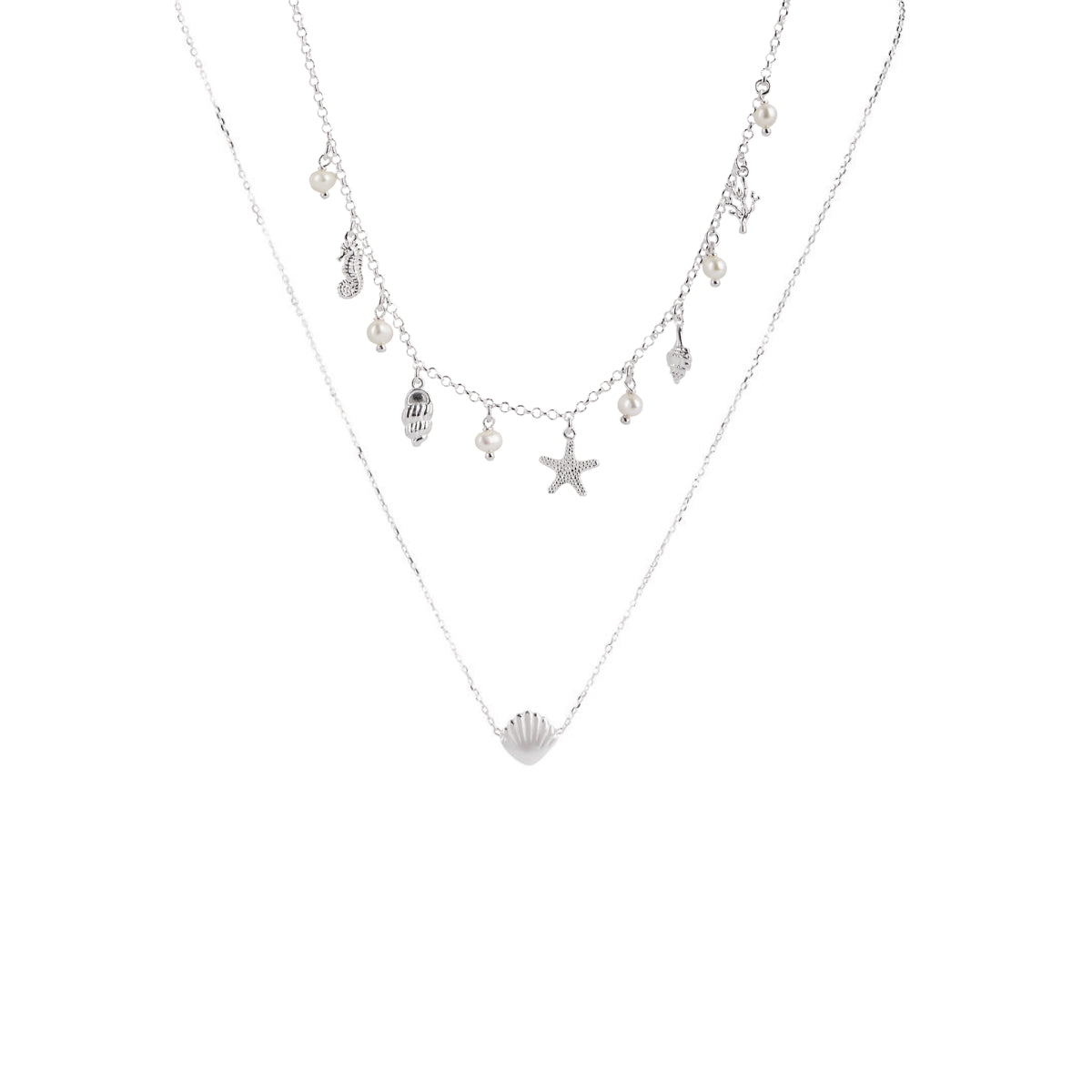 Silver Seaside Pearl Necklace Stack